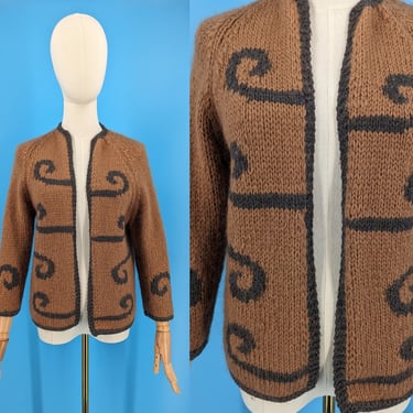 Vintage 50s Ilaria Hand Knit Italian Wool Cardigan Sweater - Fifties Small Tan and Gray Sweater with 3/4 Sleeves 