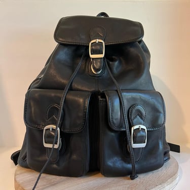 Vintage 90s Dilana Dorado Black Genuine Leather Buckle Drawstring Large Backpack 