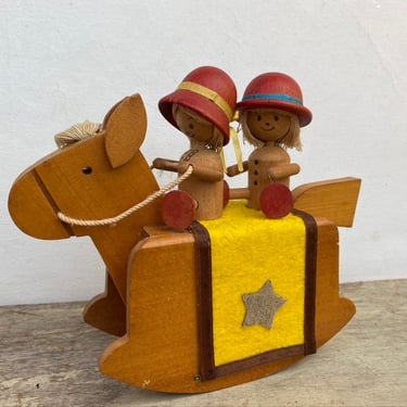 60's Vintage Wooden Rocking Horse Music Box, Plays Toyland, Dan's Kid's, Japan, 2 Children Riding Wood Horse, Nursery, Horse Lover 