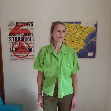 Vintage Boxy Field Gear Linen Blend Green Shirt / Women's M to L / Oversized 1990's 