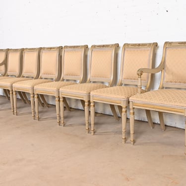 French Regency Louis XVI Carved Hand-Painted and Gold Gilt Dining Chairs, Set of Eight