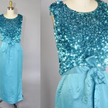 1960s silk satin gown | aqua blue sleeveless sequined dress | shimmery paillette top, bow detail XS 