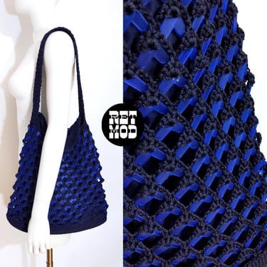 Unique Navy Blue Crochet Purse with Plastic Zippers 