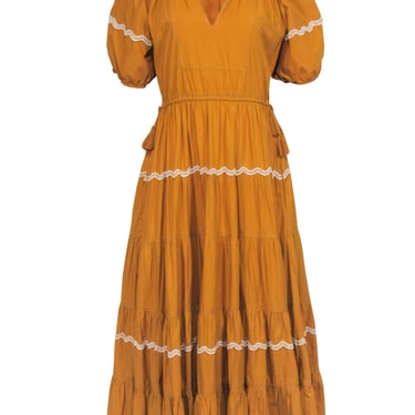 Ulla Johnson - Mustard Yellow Cotton Tiered Midi Dress w/ Lace Trim Sz 6