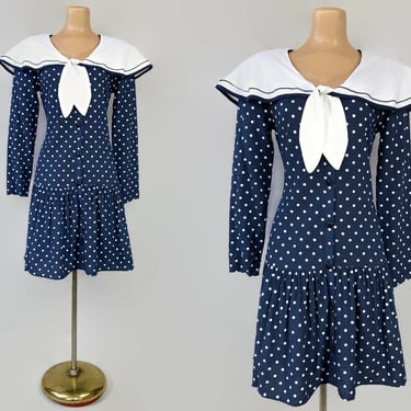 VINTAGE 80s Blue and White Polka Dot Print Sailor Dress By Switch USA Size 7 | 1980s Patriotic Drop Waist Dress |  VFG 