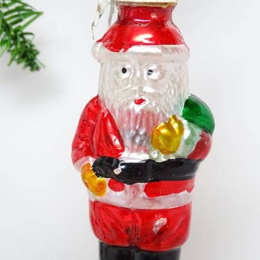 Vintage Hand Painted Clear Glass Santa Christmas Tree Ornament, with Tinsel 