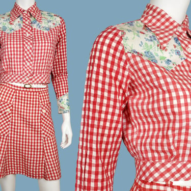 Gingham seersucker skirt set. Vintage College  1960s western flair country core mod. 2 piece jacket mini skirt suit. (38 B/26 W) 