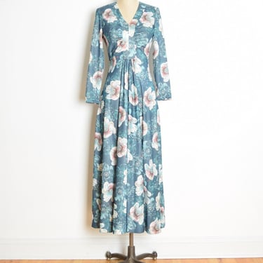 vintage 70s dress teal pastel floral print boho hippie long maxi dress S clothing 