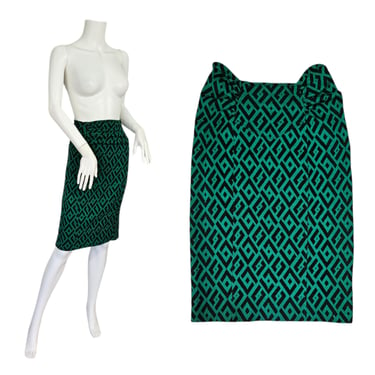 Diane Von Furstenberg Kelly Green Black Stretch Wool Geometric Print Pencil Skirt I Sz 6 I Chianti 