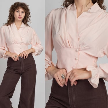 Vintage 1940s Blush Pink Cropped Blouse - Small to Medium | 40s Miss Elaine Long Poet Sleeve Button Up V Neck Crop Top 