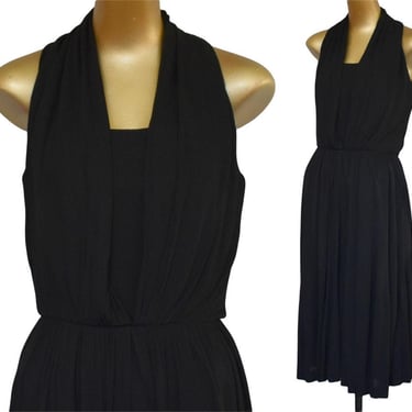 Vintage 50s Black Cocktail Dress, LBD, Draped Panels, Black Chiffon Dress, Anita Modes Goddess Dress, Size XS Extra Small 