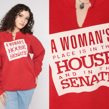 A Woman's Place Sweatshirt 90s The House Senate Josie Heath 1990 Feminist Political Raglan Sleeve Pullover Red Vintage Extra Large xl 