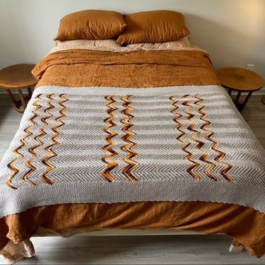 Vintage Hand Knit Crochet Gray Orange Chevron Wool Fringe Retro Throw Blanket 