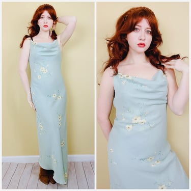 Y2K Calypso Nites Magical Seafoam Green Floral Bias Cut Dress / Vintage Romantic Gathered Neck Maxi Dress / XL 