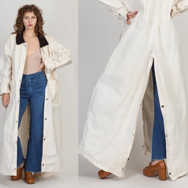 70s White Western Denim Trench Coat - Men's Large, Women's XL | Vintage Oversized Corduroy Collar Grunge Long Snap Up Duster Jacket 