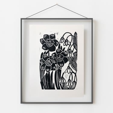 Daffodils and Snowdrops, Hand printed linocut art, Floral art 