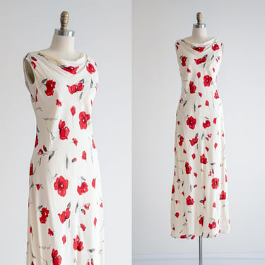 bias cut dress 90s y2k vintage Donna Ricco cream white red poppy floral maxi dress 