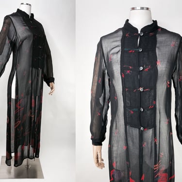 1990s Sheer Black Flowing Chinese Inspired Cover Up w Long Side Slits to Hips by PHOOL S/M | Vintage, Long Sleeve, Abstract, Artist, Unique 