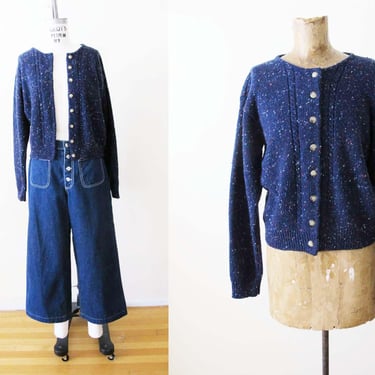 Vintage 90s Navy Blue Marled Knit Cardigan S M - 1990s Wool Blend Womens Cozy Cardigan Sweater 