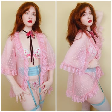 1980s Vintage Nylon Pink Ruffled Overcoat / 80s Sweet Swiss Dot Sheer Bed Jacket / Robe / One Size 