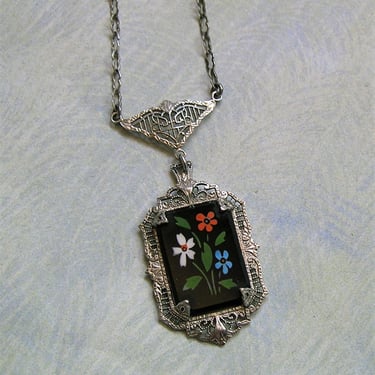 Antique Edwardian Sterling Silver Pietra Dura? Necklace, Antique Inlaid Filigree Lavaliere Necklace, Old Filigree Necklace (#4021) 