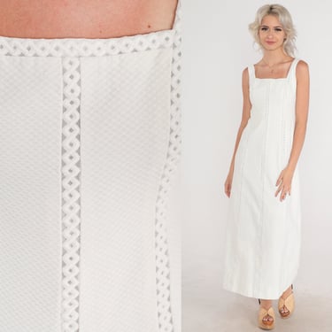 Long White Dress 70s Maxi Dress Textured Cutout Trim Sleeveless Square Neck Elopement Bridal Gown Formal Boho Vintage 1970s Lanz Original XS 