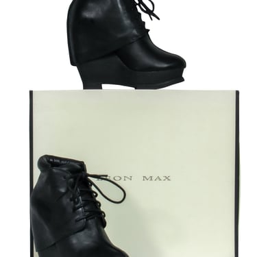 Leon Max - Black Leather Platform Wedge Short Boots Sz 6.5