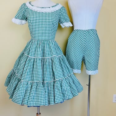 1960s Vintage Green and White Gingham Square Dance Set / 60s Eyelet Trim Country Hot Pants and Dress / Small 