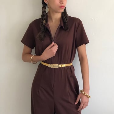 90s jumpsuit / vintage brown polyester knit jersey wide leg collared zip up Express jumpsuit | S M 