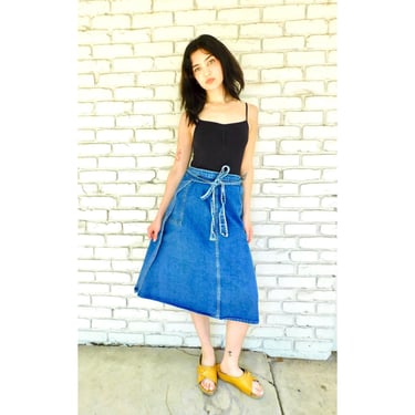 Denim Wrap Skirt // vintage 70s denim blue jean cotton dress boho hippie 70's 1970's sun high waist 1970s hippy // M L XL 