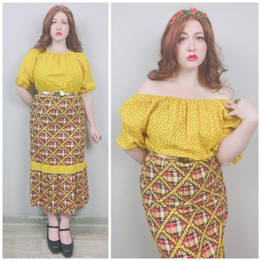 1970s Vintage Calico Yellow Peasant Dress / 70s / Seventies Puffed Sleeve Floral Patchwork Midi Dress / Medium 