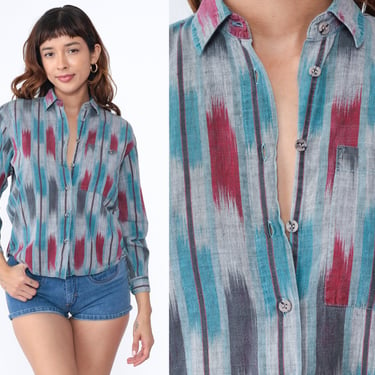 80s Ikat Shirt Grey Blue Striped Shirt Blouse Chest Pocket Button Up Top 1980s Vintage Boho Hippie Long Sleeve Bohemian Casual Red Small 