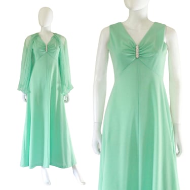 1960s Mint Green Rhinestone Evening Gown - Vintage Mint Green Dress - 1960s Green Maxi Dress - 1960s Sheer Jacket - 60s Dress | Size Medium 