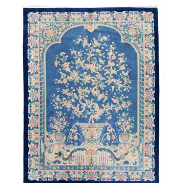 Antique  8’11” x 11’9” Chinese Art Deco Full Pile Tree of Life Floral Blues Hand Knotted Wool Pile Area Rug 1920s - FREE DOMESTIC SHIPPING 