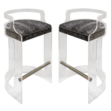 Artisan Pair Of Molded Lucite Barstools With Upholstered Seats 1970s