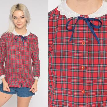 80s Plaid Blouse Red Peter Pan Blouse White Contrast Collar Preppy Button Up Top Bow Long Sleeve Vintage Country Shirt Extra Small xs 