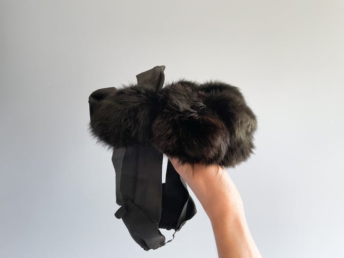 Vintage 1930’s black rabbit fur pompom topper with grosgrain chin strap  | ladies tilt hat, ‘30s costume, genuine fur hat 