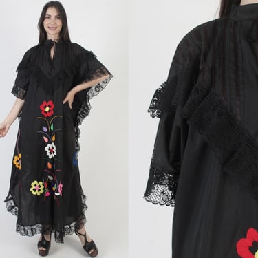 Black Mexican Dress, Embroidered Pintuck Kaftan, Vintage Beach Cover Up, One Size Cocoon Sundress 