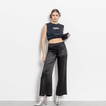 FLARED SATIN PANTS Y2K Vintage Shiny Low Rise Trousers 90's Woman Black /  39 Inch Hips / Size 6 7 