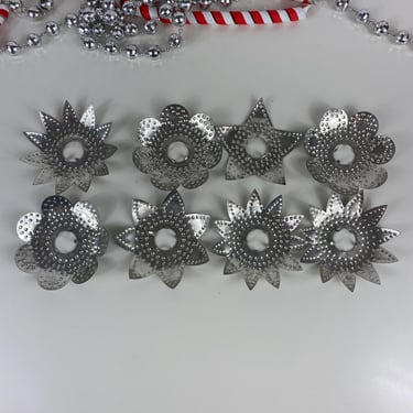 Set of Eight Antique Vintage Punched Tin Stamped Metal Christmas Light Reflectors Star and Flower Shaped Retro Xmas Light Reflectors 