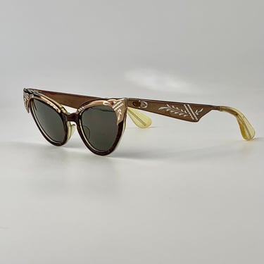 Vintage 1950'S Aluminium & Plastic Cat Eye Sunglasses - Shinny COPPER Finish - Carved Leaf Details - by VOGUE - New UV Glass Lenses 