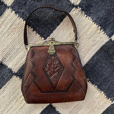 Antique 1920s Art Nouveau Leather Handbag 