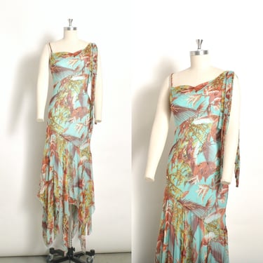 Vintage 2000s Dress / Y2K Diane Freis Botanical Print Silk Gown / Teal Blue ( XS S ) 