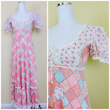 1970s Vintage Cotton Patchwork Print Maxi Dress / 70s Floral Pink Empire Waist Lace Up Prairie Gown / Small 