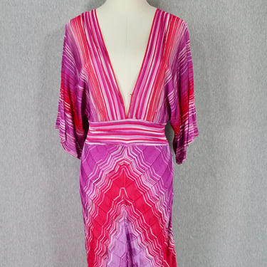 1970s 70s Inspired Sexy Disco Dress - Beach Cover Up - Resort Wear -Pink, Purple, Red -Retro - Deep V - 