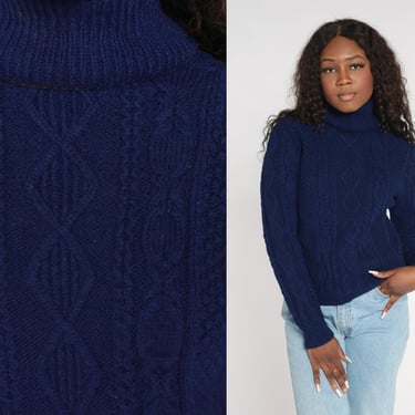 Navy Blue Turtleneck Sweater 80s Cable Knit Sweater Retro Slouchy Pullover Cableknit Cozy Basic Plain Knitwear Vintage 1980s Acrylic Small S 