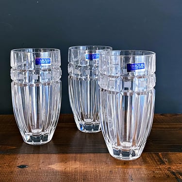 Set of 3 Crystal Highball Glasses, Marquis by Waterford Quadrata. Heavy Luxury Barware for Tall Icy Cocktails and Drinks. NOS 