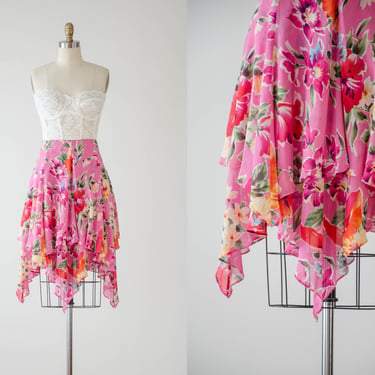 cute cottagecore skirt | 90s y2k vintage Ralph Lauren hot pink silk chiffon floral asymmetric kerchief hem short mini skirt 