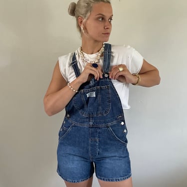 90s Levis denim overalls / vintage Levis blue jean denim short shorts bib overalls shortall | Small Medium 