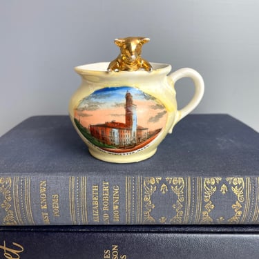 Worcester, MA antique souvenir mini cup with pig - antique German view ware 